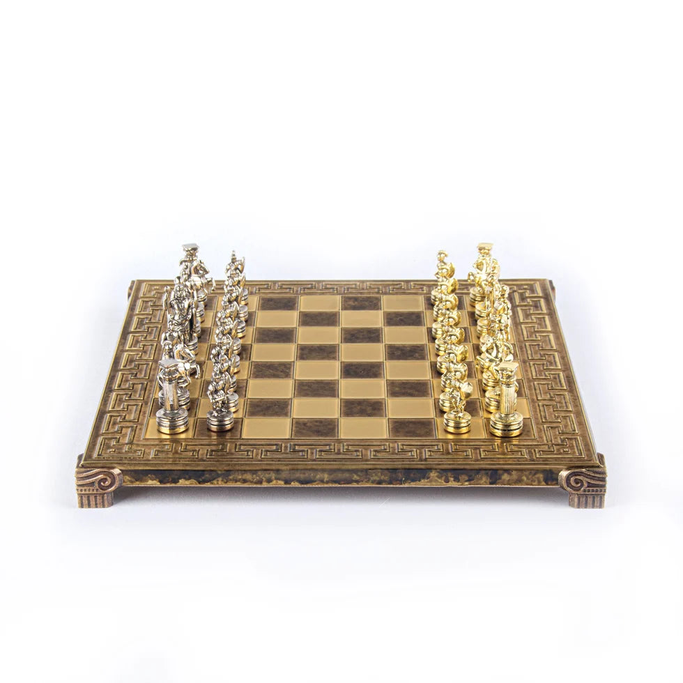 Manopoulos Handcrafted Greek Roman Period Chess Set - Gold/Silver Chessmen and Meander Bronze Chessboard