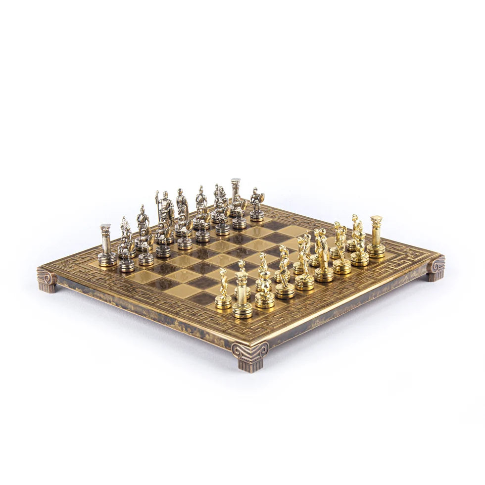 Manopoulos Handcrafted Greek Roman Period Chess Set - Gold/Silver Chessmen and Meander Bronze Chessboard