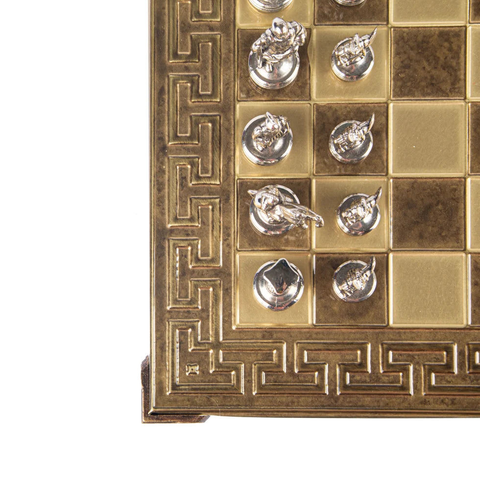 Manopoulos Handcrafted Greek Roman Period Chess Set - Gold/Silver Chessmen and Meander Bronze Chessboard