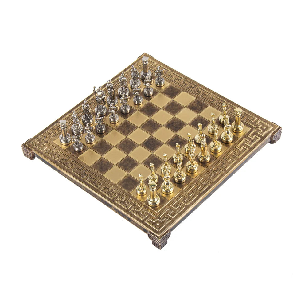 Manopoulos Handcrafted Greek Roman Period Chess Set - Gold/Silver Chessmen and Meander Bronze Chessboard