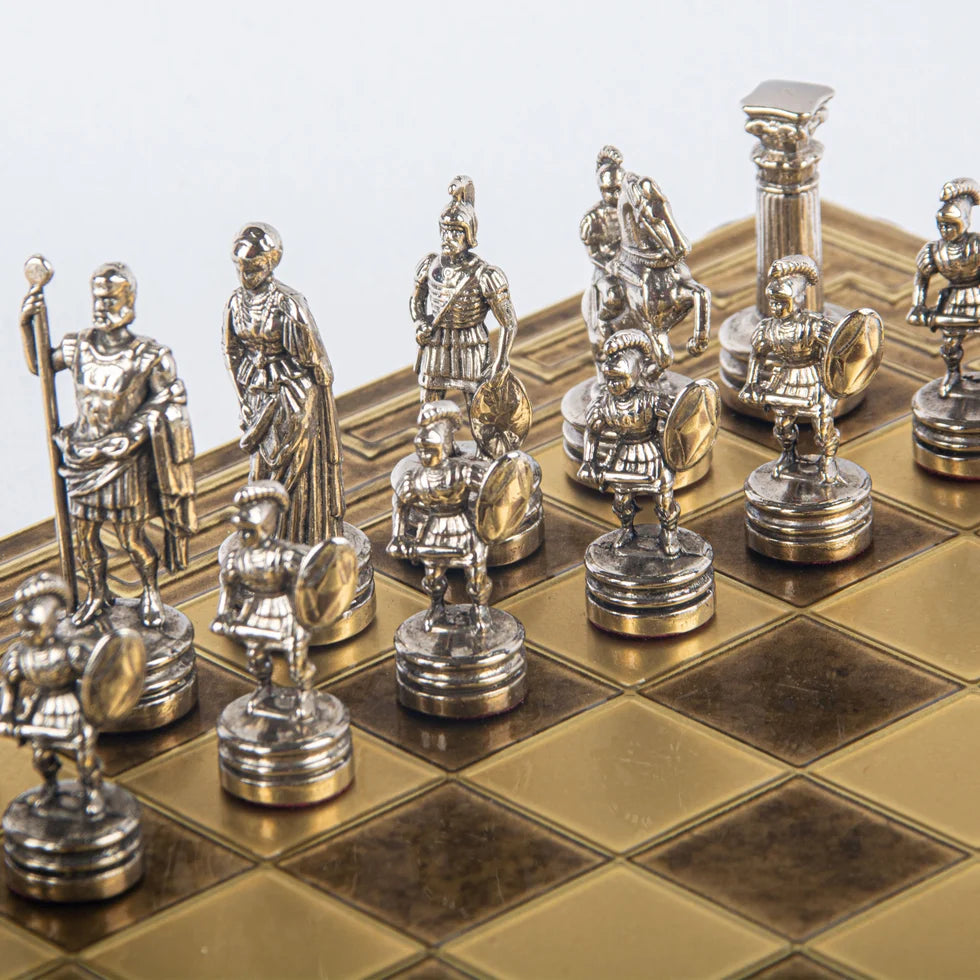 Manopoulos Handcrafted Greek Roman Period Chess Set - Gold/Silver Chessmen and Meander Bronze Chessboard