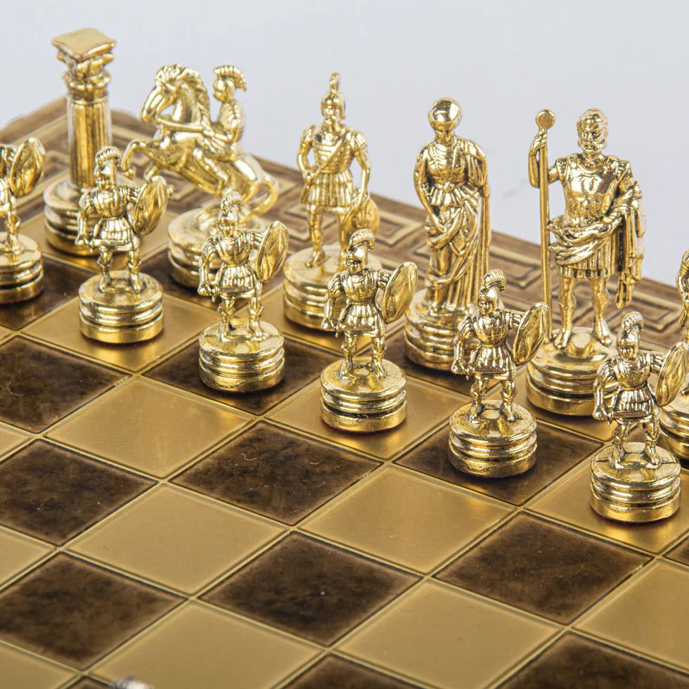 Manopoulos Handcrafted Greek Roman Period Chess Set - Gold/Silver Chessmen and Meander Bronze Chessboard