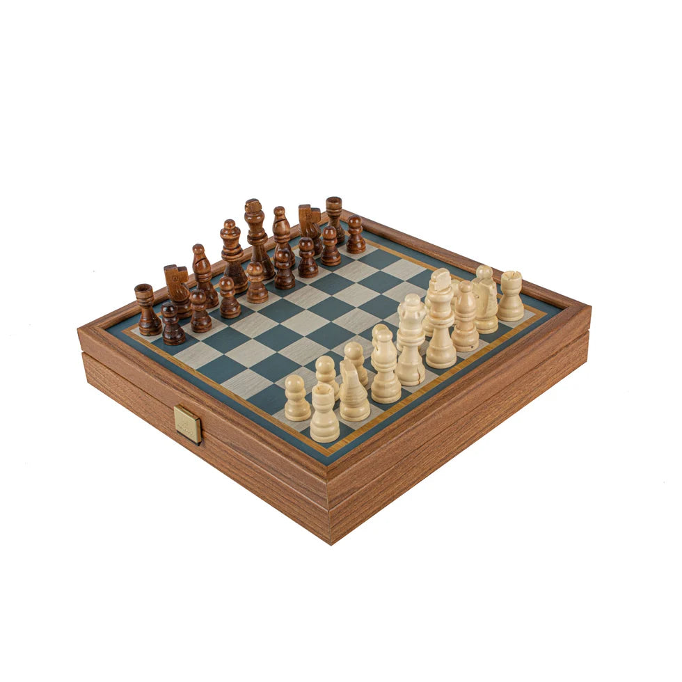 Manopoulos Turquoise 2-in-1 Combo Game Set - Chess & Backgammon in Walnut Case