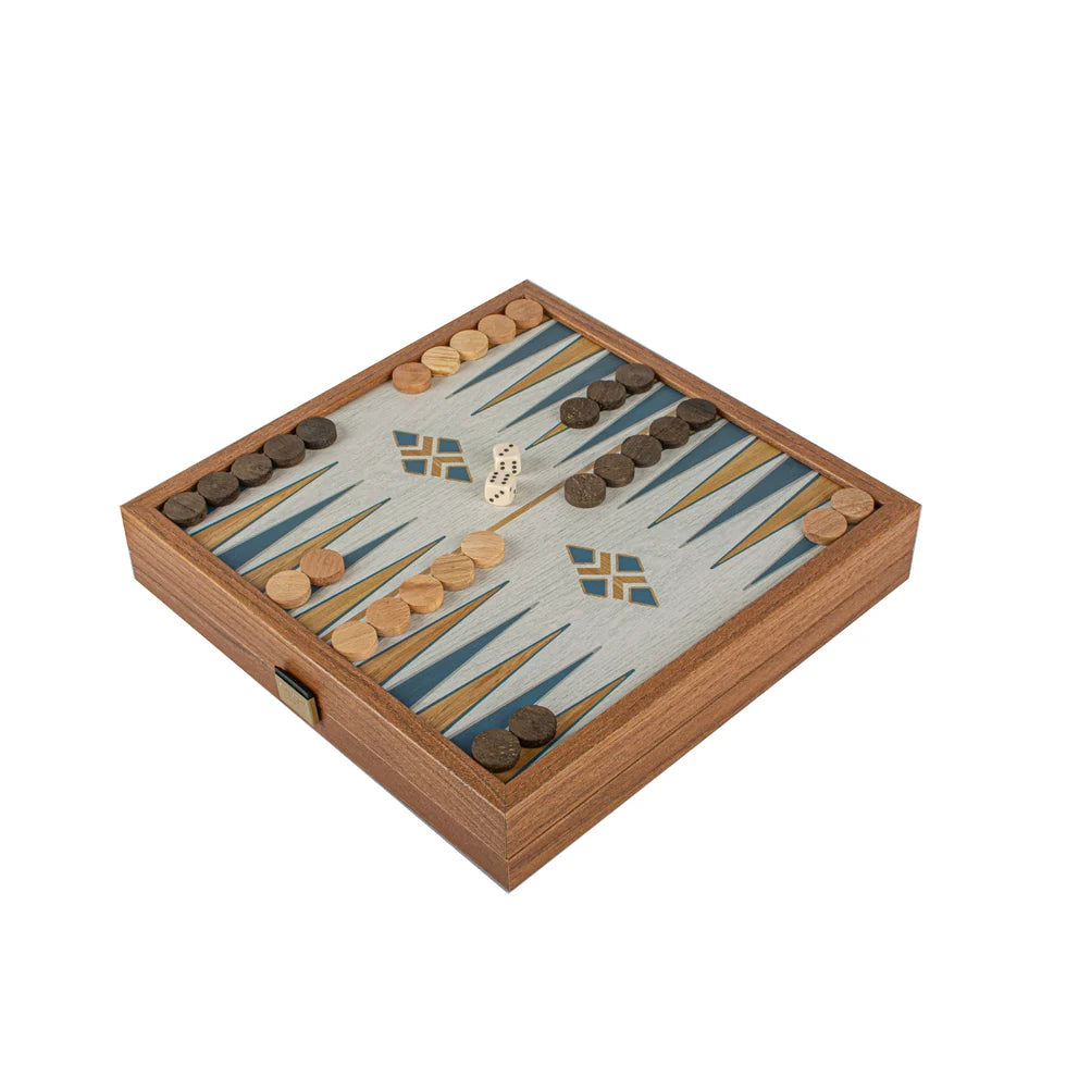 Manopoulos Turquoise 2-in-1 Combo Game Set - Chess & Backgammon in Walnut Case