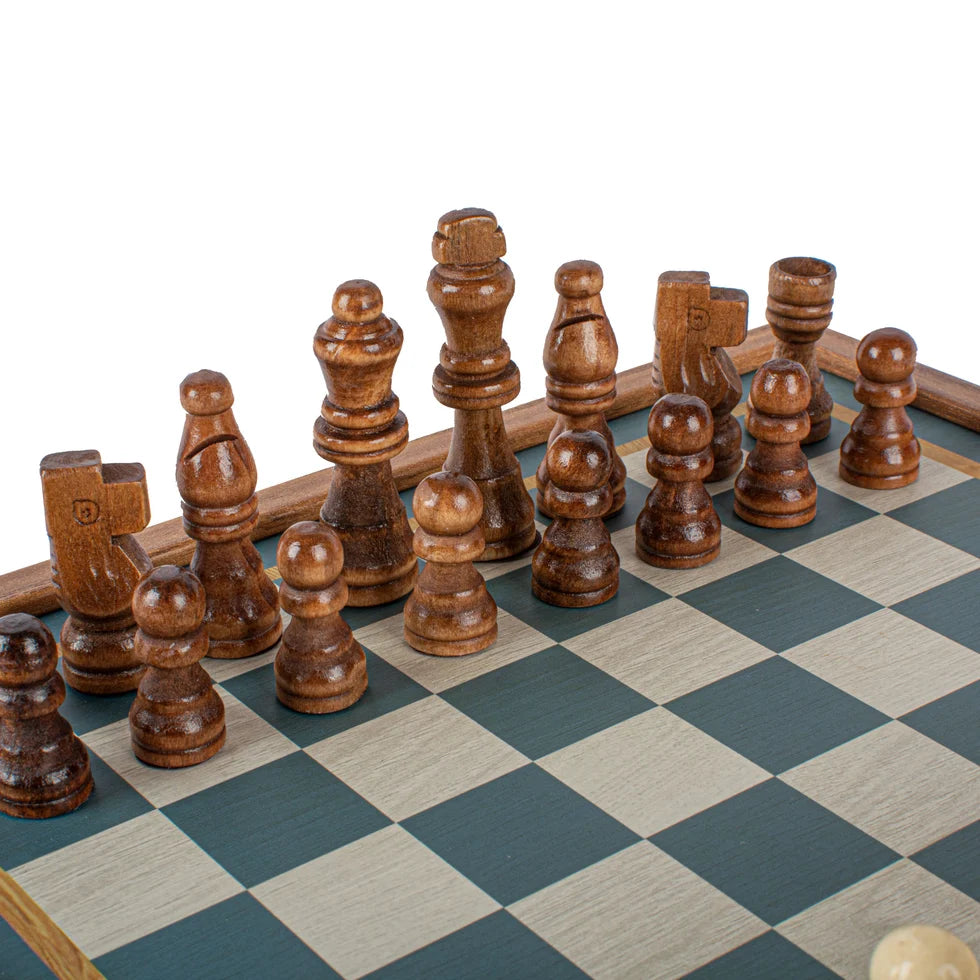 Manopoulos Turquoise 2-in-1 Combo Game Set - Chess & Backgammon in Walnut Case