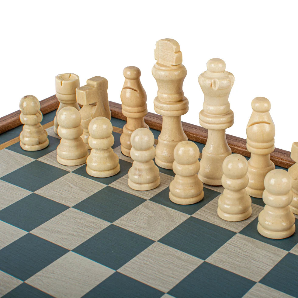 Manopoulos Turquoise 2-in-1 Combo Game Set - Chess & Backgammon in Walnut Case