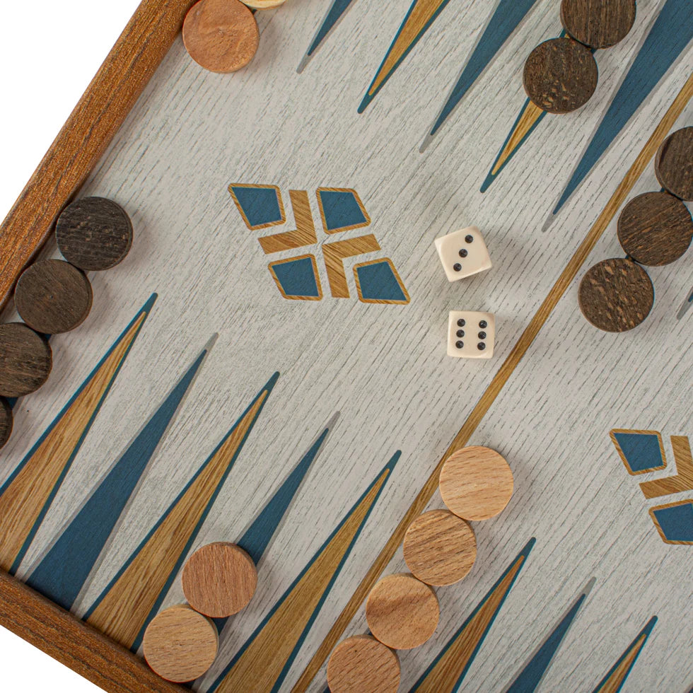 Manopoulos Turquoise 2-in-1 Combo Game Set - Chess & Backgammon in Walnut Case