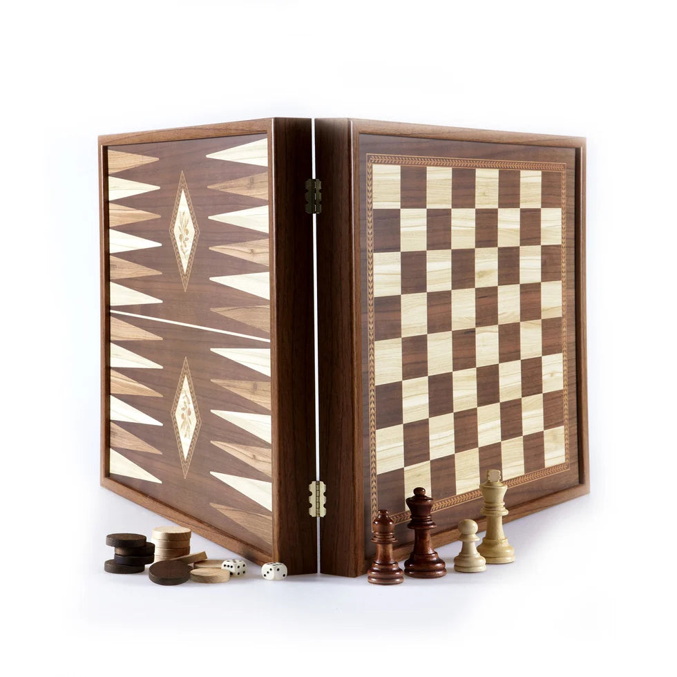 Manopoulos Classic Style 2-in-1 Combo Game Set - Chess & Backgammon in Walnut Case