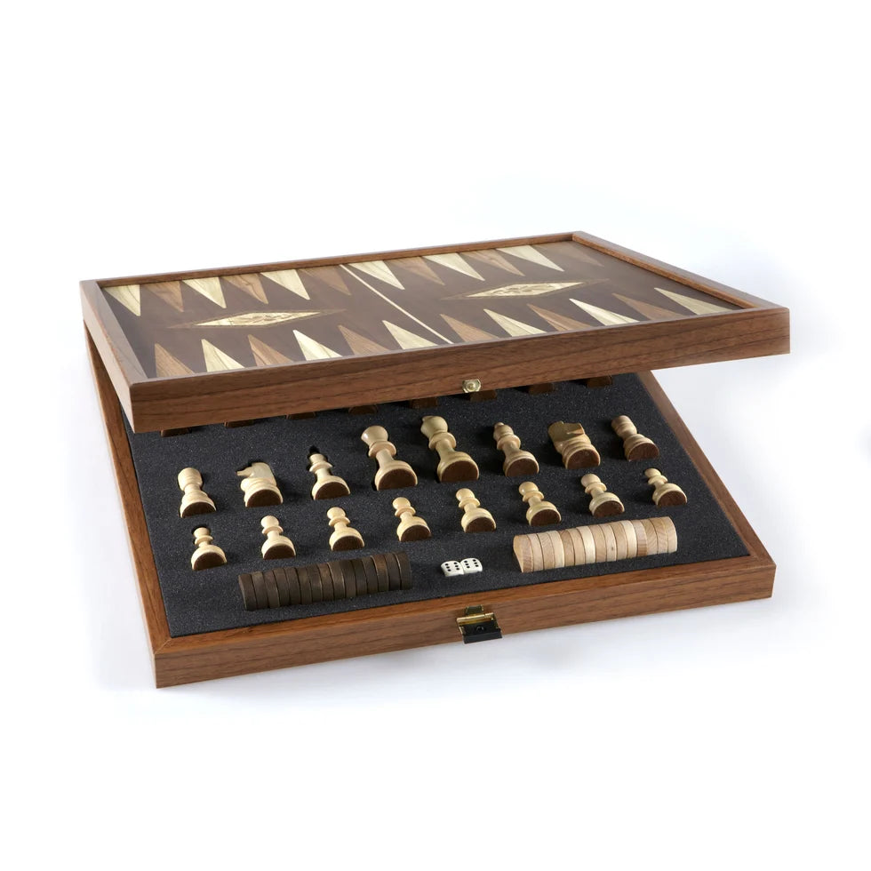 Manopoulos Classic Style 2-in-1 Combo Game Set - Chess & Backgammon in Walnut Case