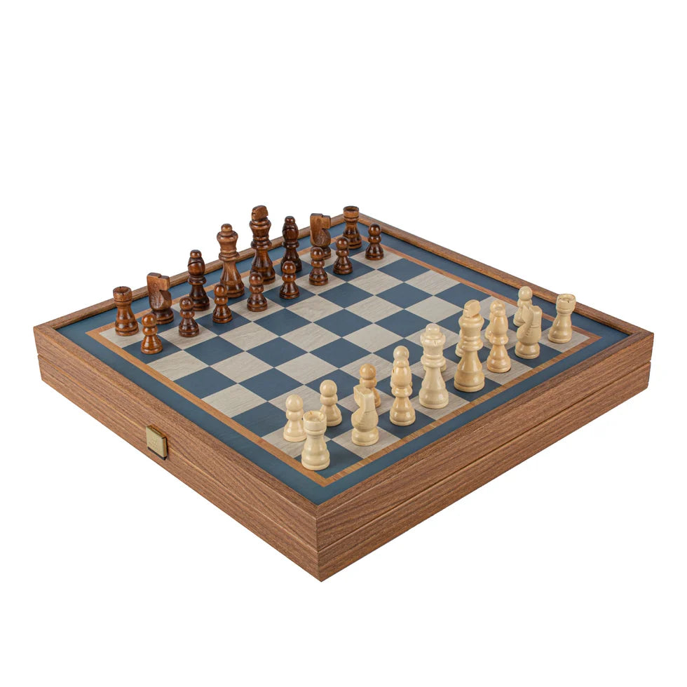 Manopoulos Turquoise 2-in-1 Chess and Backgammon Combo Game Set - in Walnut Case