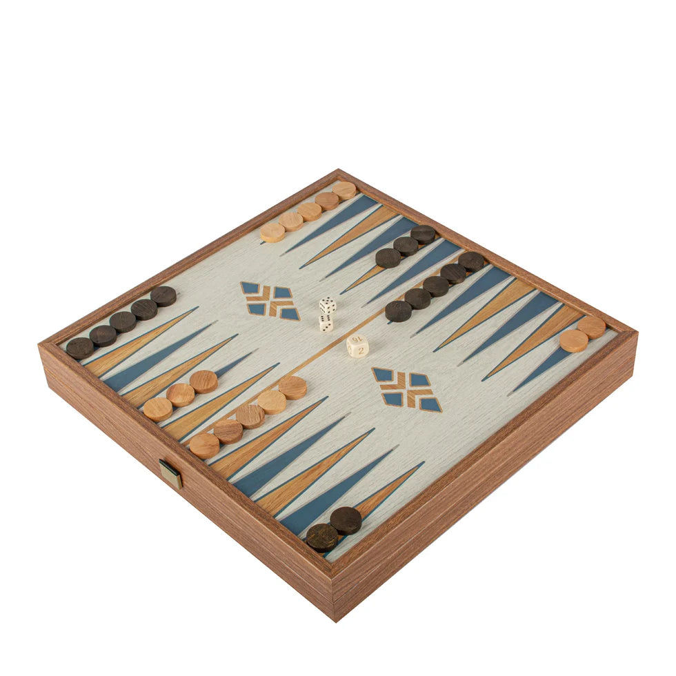 Manopoulos Turquoise 2-in-1 Chess and Backgammon Combo Game Set - in Walnut Case