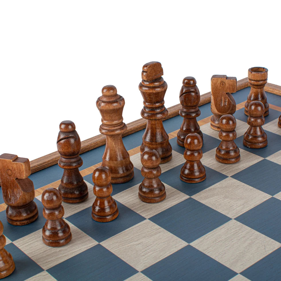 Manopoulos Turquoise 2-in-1 Chess and Backgammon Combo Game Set - in Walnut Case