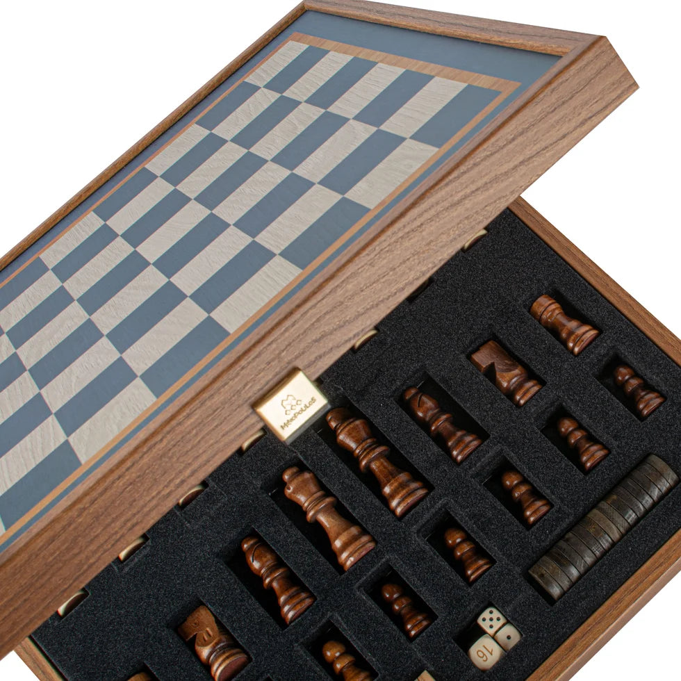 Manopoulos Turquoise 2-in-1 Chess and Backgammon Combo Game Set - in Walnut Case